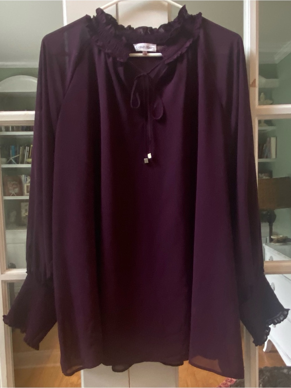 Calvin Klein Plum Long-Sleeve SheerRuffled Neck Blouse Size 1X